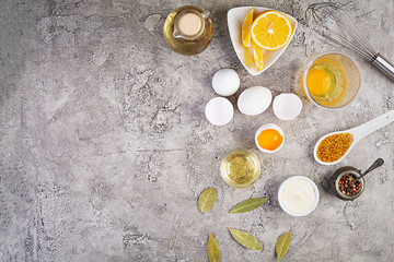 Ingredients for mayonnaise. Delicious homemade mayonnaise with ingredients for sauce. Healthy homemade food. Top view