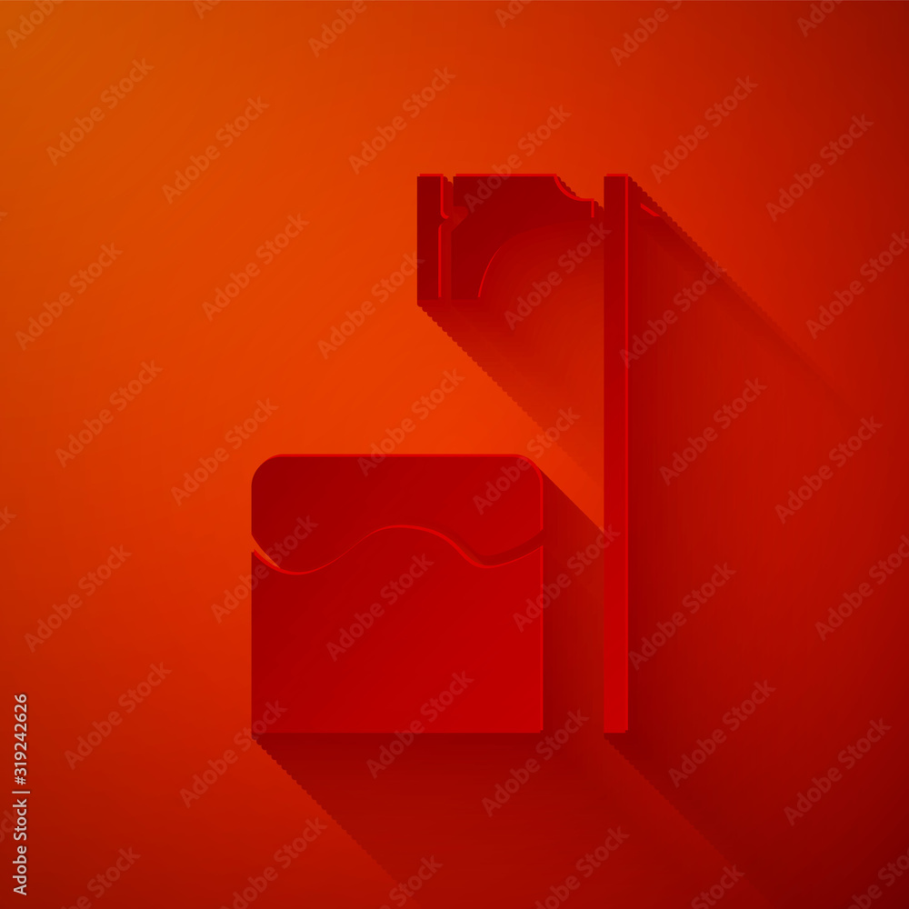 Poster paper cut executioner axe in tree block icon isolated on red background. hangman, torturer, executor