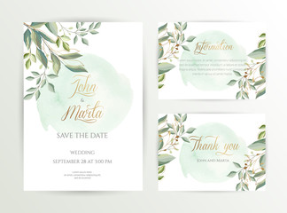 Watercolor wedding set. Set of card with leaves and golden geometric frame. Design with forest green leaves, eucalyptus, fern. Floral Trendy templates for banner, flyer, poster, greeting. eps10