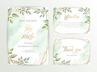 Watercolor wedding set. Set of card with leaves and golden geometric frame. Design with forest green leaves, eucalyptus, fern. Floral Trendy templates for banner, flyer, poster, greeting. eps10