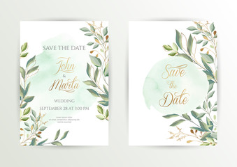 Fototapeta na wymiar Watercolor wedding set. Set of card with leaves and golden geometric frame. Design with forest green leaves, eucalyptus, fern. Floral Trendy templates for banner, flyer, poster, greeting. eps10