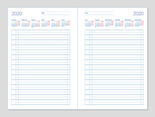 Datebook 2020. Diary 2020. Daily planner 2020. Template design office book to every day, calendar