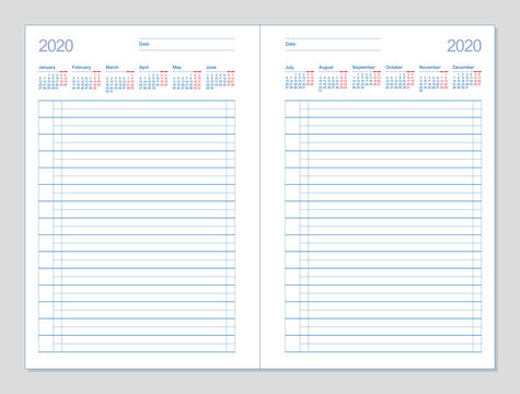 Datebook 2020. Diary 2020. Daily planner 2020. Template design office book to every day, calendar