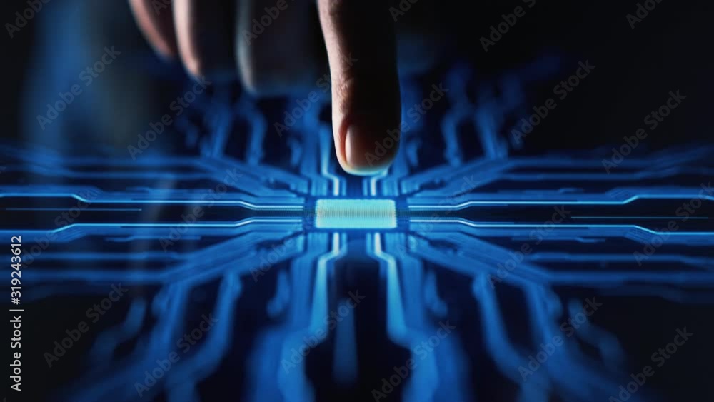 Poster digitalization concept: human finger turns on touch screen button and activates futuristic artificia