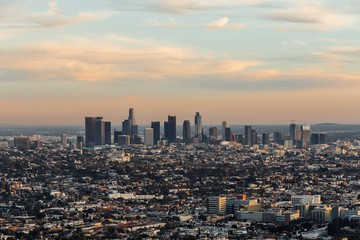 The view from Griffith Observatory on Los Angeles downtown during the sunset..