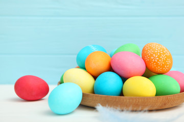 Easter background. Easter eggs on the table.