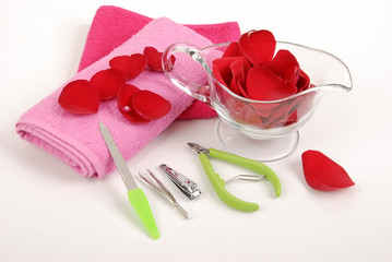 Health and Beauty; set of utensils for nail arrangement, photo on white background.