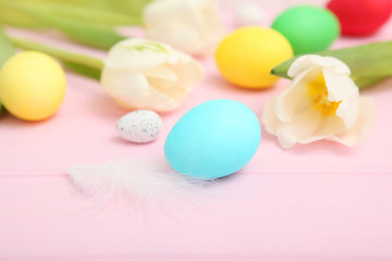 Fototapeta na wymiar Easter background. Easter eggs on the table.