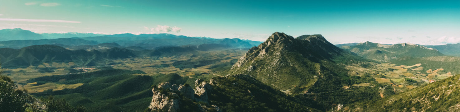 Panoramic view to hill tops and the valley in Corbiere, France