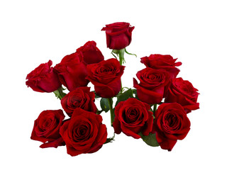 bouquet of red roses with green foliage