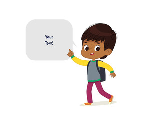 Vector illustration of the Latino Boy with the backpack goes to school. Preschool boy walks to the school. Dark Skin boy and speech bubble with place for text isolated on white background.