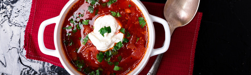Banner of Ukrainian traditional borsch. Russian vegetarian red soup