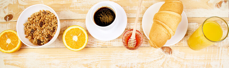 Banner of Good morning. Continental breakfast on ristic wooden background.