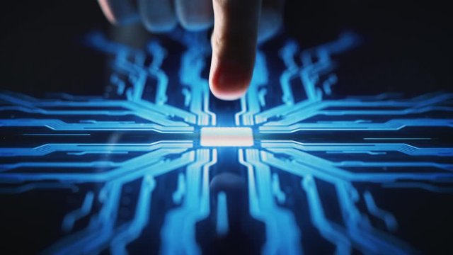 Digitalization Concept: Human Finger Pushes Touch Screen Button and Activates Futuristic Artificial Intelligence. Visualization of Machine Learning, AI, Computer Technology Merge with Humanity 