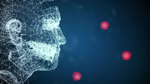 Mesh human and Influenza virus blowing to respiratory simulation from air. Healthcare and medical science concept. Coronavirus SARS and Ebola flu outbreak theme. Human health during virus outbreak. 4K