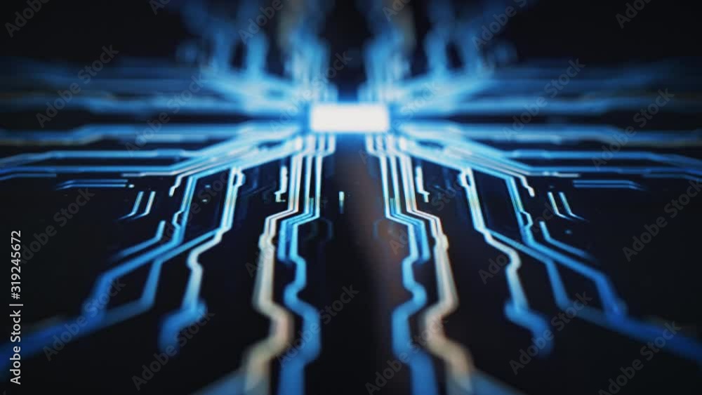 Poster digitalization concept: human finger pushes touch screen button and activates futuristic artificial 