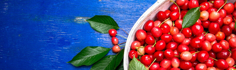 Banner of Red cherries in white basket on blue wooden background.