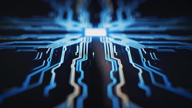 Digitalization Concept: Human Finger Pushes Touch Screen Button and Activates Futuristic Artificial Intelligence. Visualization of Machine Learning, AI, Computer Technology Merge with Humanity 