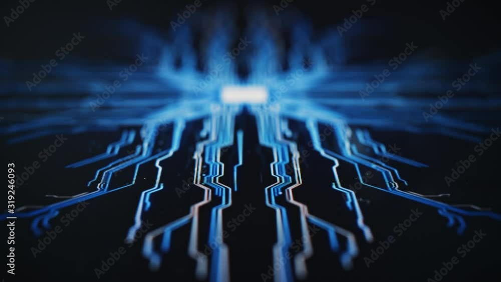 Poster digitalization concept: futuristic robot arms, finger touches screen button and activates ai system.