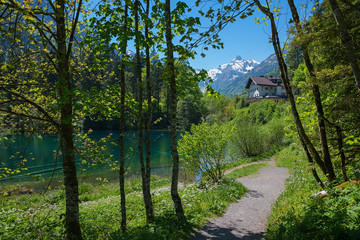 idyllic walkway from oberstdorf to lake Christlessee, allgau alps in spring.