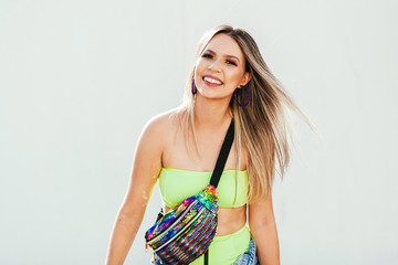 Brazilian Carnival. Young woman dressed for the carnival block, traditional events on the streets...