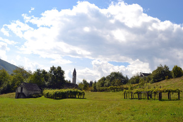 Fototapeta na wymiar Vista sulla chiesa di Trontano e sul campanile