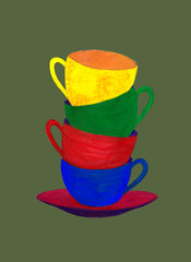 Colorful tea cups isolated on green background. Gouache technique. Hand drawn illustration.