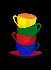Colorful tea cups isolated on black background. Gouache technique. Hand drawn illustration.