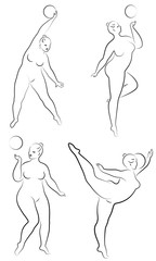 Collection. Gymnastics. Silhouette of a girl with a ball. The woman is overweight, a large body. The girl is full figured. Vector illustration set