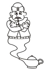 Jinn in a turban coming out of a gold lamp. A magical creature from Arabian fairy tales, myths and legends. Cartoon character isolated on white background. Coloring book for children.Vector illustrati