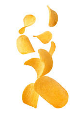 Chips. Crispy potato. Isolated on white background. Snack textur background. Top view. Сloseup.Flying potato slice into potato chips.