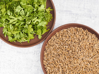 Cumin (jeera) and green herb in a clay plate on a white concrete background