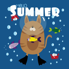 Hello Summer text- with funny cat and fishes, and cute crabs, in sea. Good for  cover, card, poster, banner, textile print, and gift design.