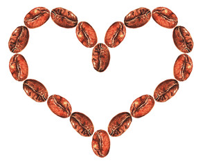 Heart made of coffee beans, watercolor