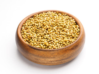 Spice coriander (Coriandrum sativum) seeds in wooden bowl isolated on white background. Diet and weight loss concept