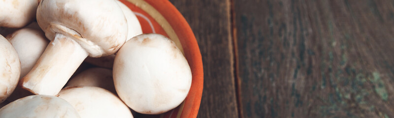 Banner of Fresh white mushrooms champignon in brown bowl