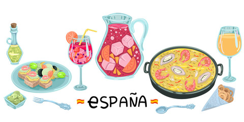 Jug and wine glass with sangria, paella and dinner in a cafe, tapas and cutlery. Vector illustration