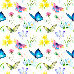 Fototapety  akwarela bezszwowe wzór - wiosenne kwiaty, pierwszy, motyl,