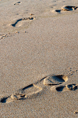 large and small footprints of human feet on the wet sea sand of the beach of the Portuguese city of Sintra