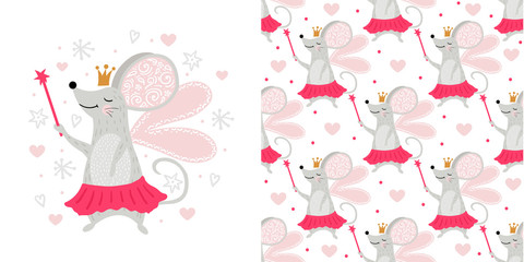 Seamless pattern Fairy mouse with magic wand. Can be used for t-shirt print, kids wear fashion design, baby shower invitation card.
