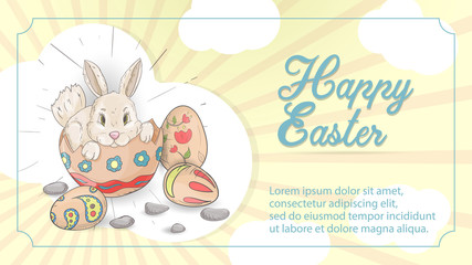Easter holiday banner illustration with an inscription for congratulations in the style of childrens doodles for design design, a rabbit sitting in a painted egg