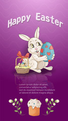 Easter holiday banner illustration with an inscription for greetings in the style of childrens Doodle for design decoration, a small rabbit holding a painted egg mirror image pink background