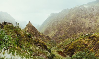 Santo Antao island, Cape Verde. Impressive scene on hiking route to the Xo-Xo Valley. Harsh peaks and immense mountain walls around the ravine.