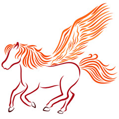 fiery winged horse galloping, beautiful outline on a white background