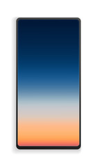 Vector realistic wide angle smartphone. Cell phone mockup. Blue aerial panoramic view of sunrise over ocean. Sunrise watercolor gradation background.