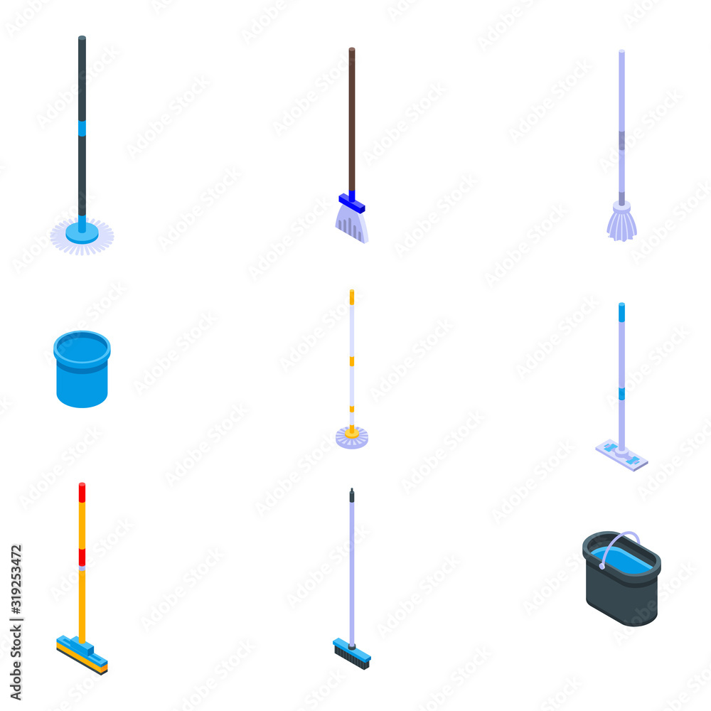 Poster mop icons set. isometric set of mop vector icons for web design isolated on white background