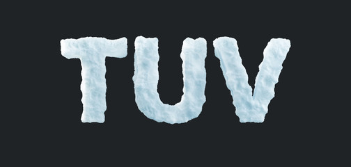 Snow letters T U V uppercase. 3D render of snowy font isolated on dark black background..