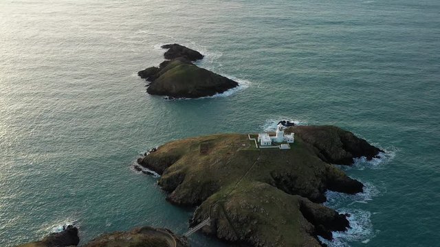 Aerial view of Strumble Head Lighthouse, near Goodwick, Pembrokeshire, Dyfed, Wales, UK