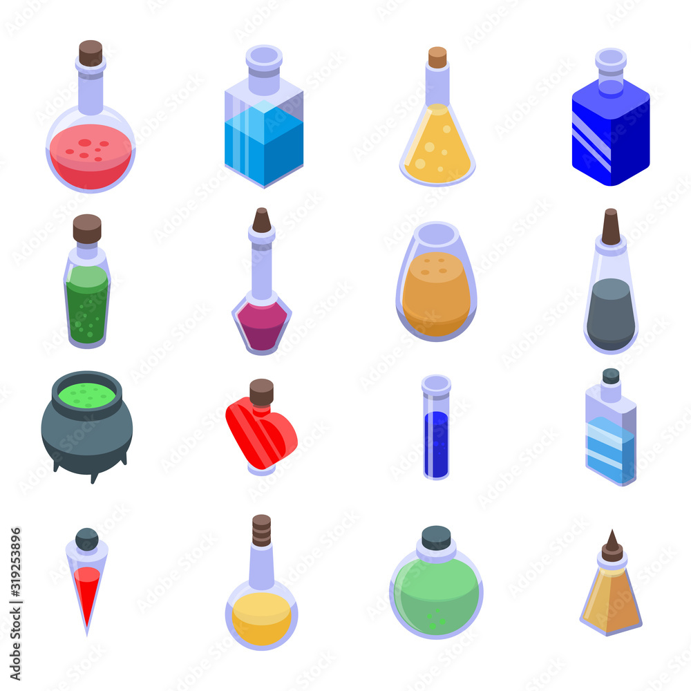 Poster potion icons set. isometric set of potion vector icons for web design isolated on white background