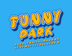 Vector colorful logo Funny Park. Bright Playful Font for Kids. Artistic Alphabet Letters and Numbers.